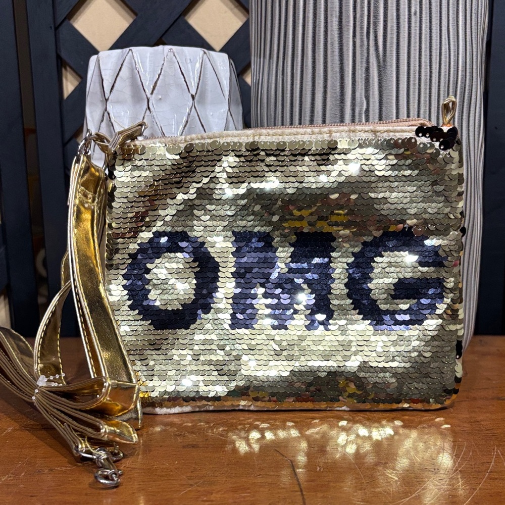 Novelty OMG Gold & Black Sequin Wristlet Crossbody Bag